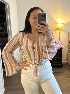 Xhilaration Striped Tie-Front Blouse in Pink and Tan